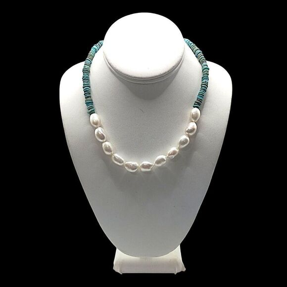 Turquoise Baroque Pearl Necklace Sterling Silver Toggle WW Kingman Western - Picture 13 of 16